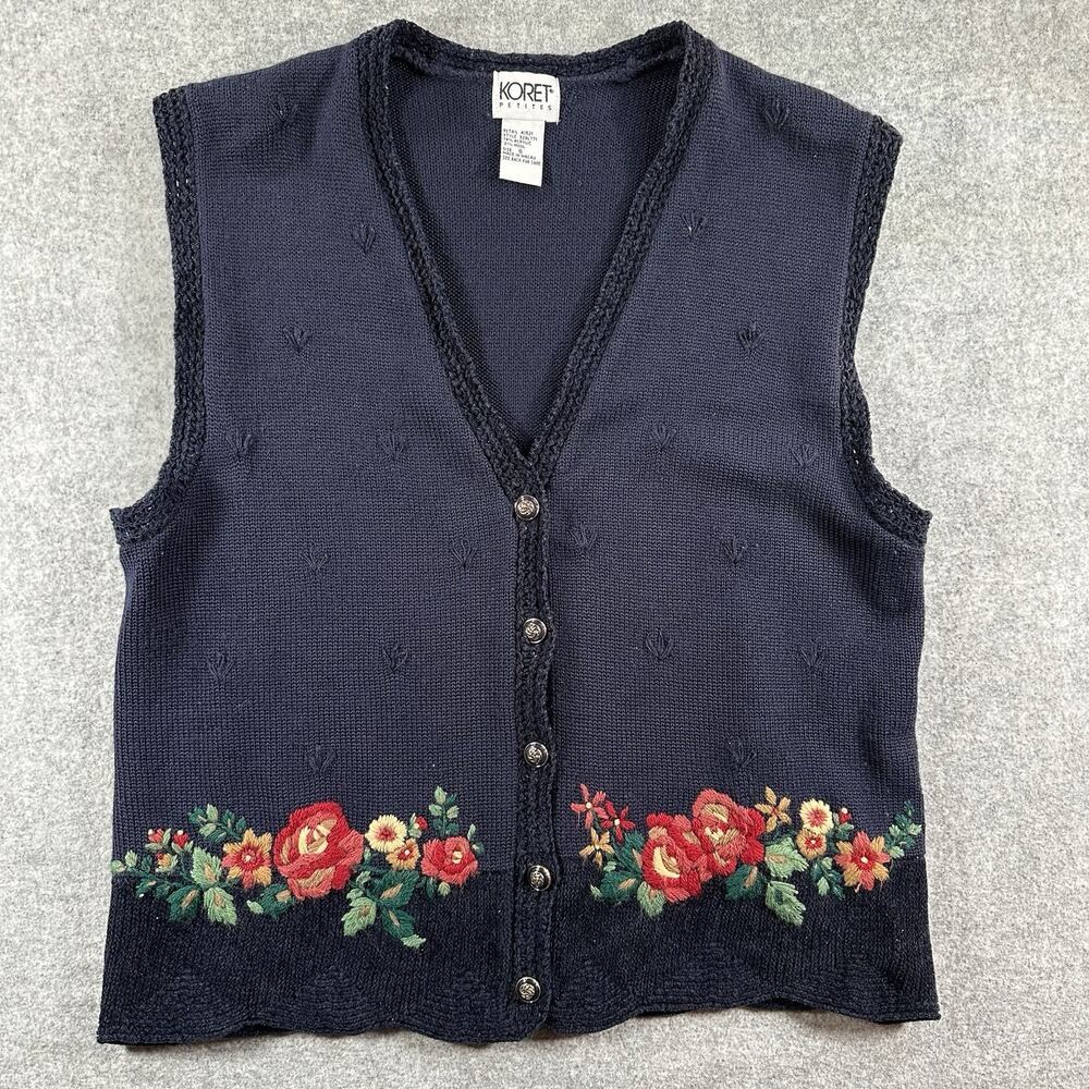 Koret Petites Navy Floral Embroidered Button Front Wool Blend Sweater Vest S